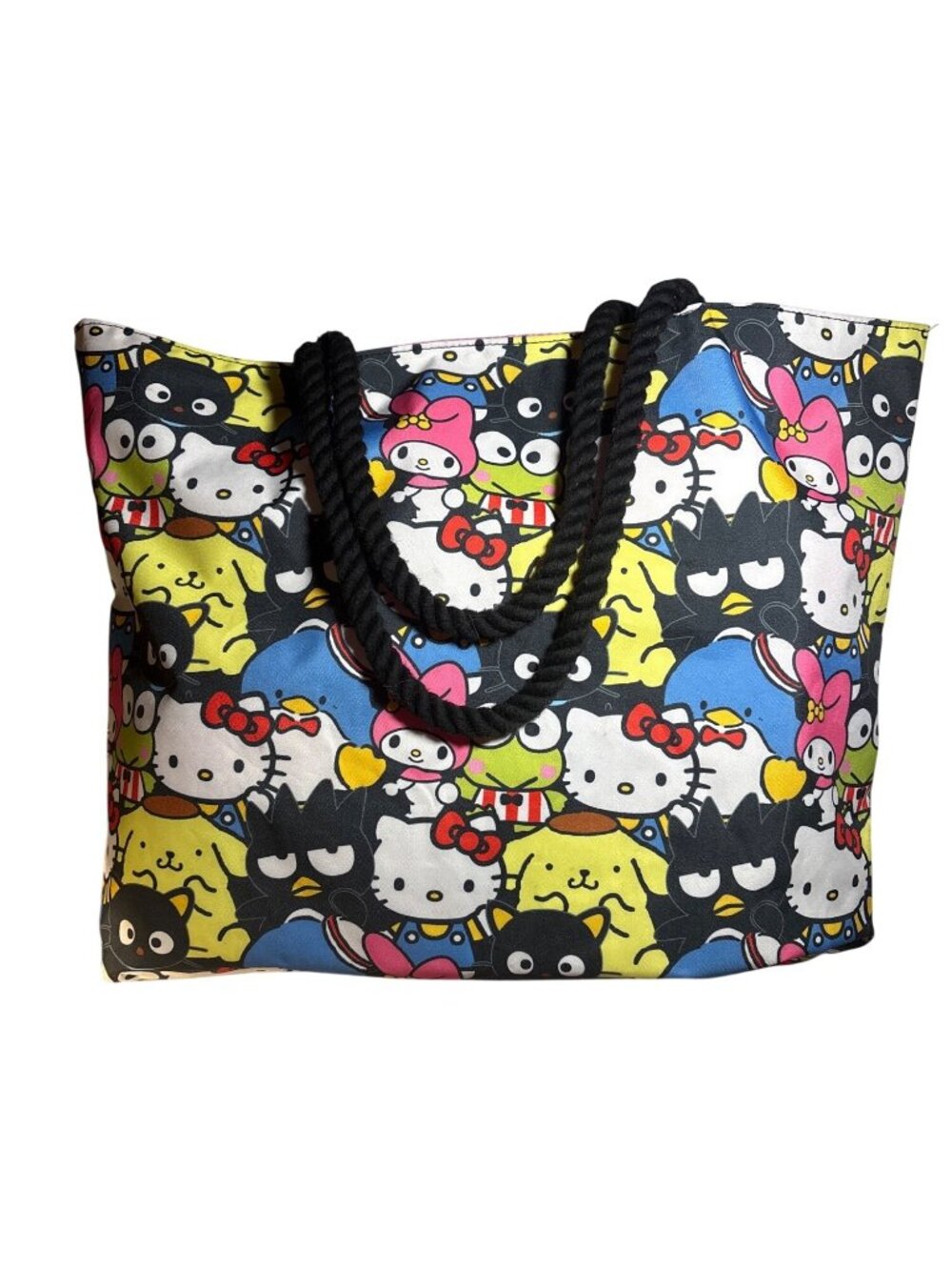 Hello Kitty & Friends Tote Bag Black Rope Handles 18 x 14" Colorful Canvas Sanri